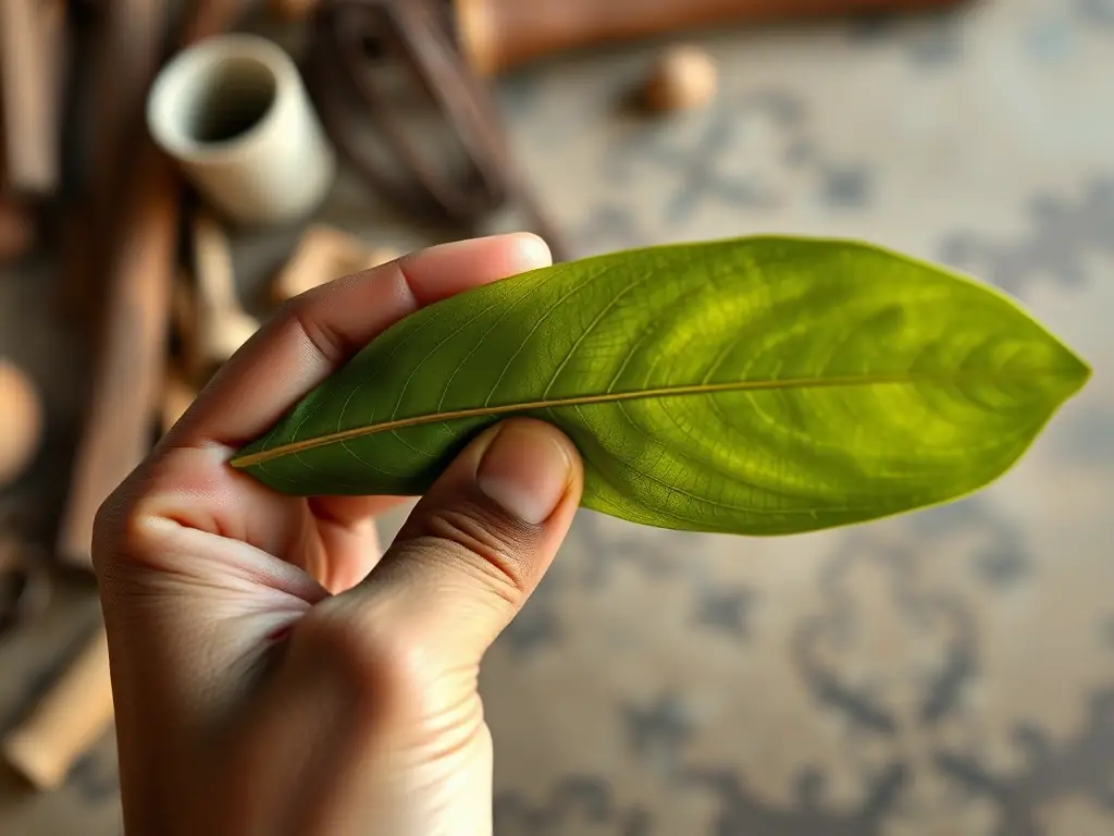 Close-up shot of hand-rolled Vincy Local grabba leaf, highlighting the texture and quality of the tobacco, set against a backdrop of traditional Caribbean craftsmanship.