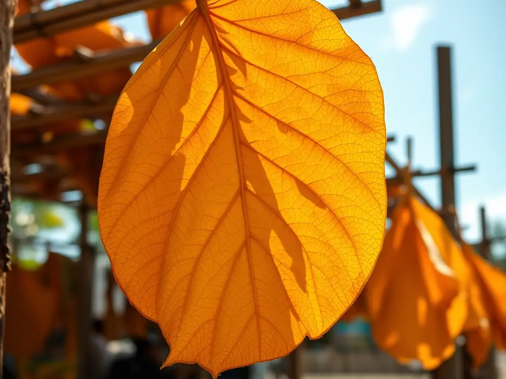 A golden Vincy Local tobacco leaf drying in the sun, illustrating the natural drying process that preserves the leaf's unique aroma and flavor profile.