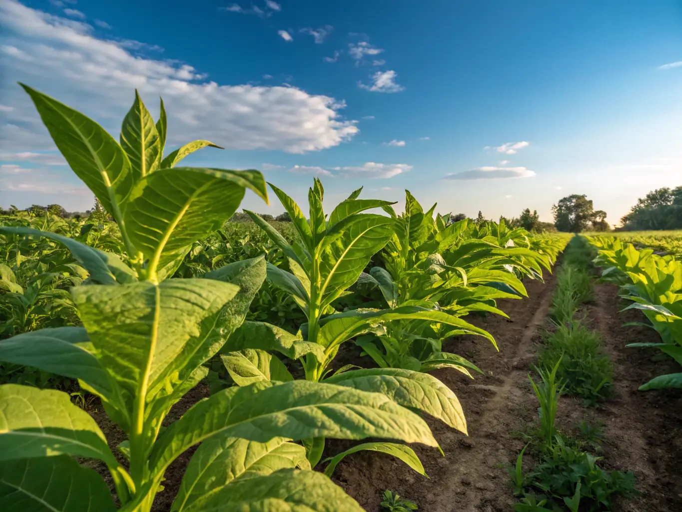 A lush green tobacco field in Saint Vincent, showcasing the vibrant leaves under the Caribbean sun, with farmers carefully tending to the plants.